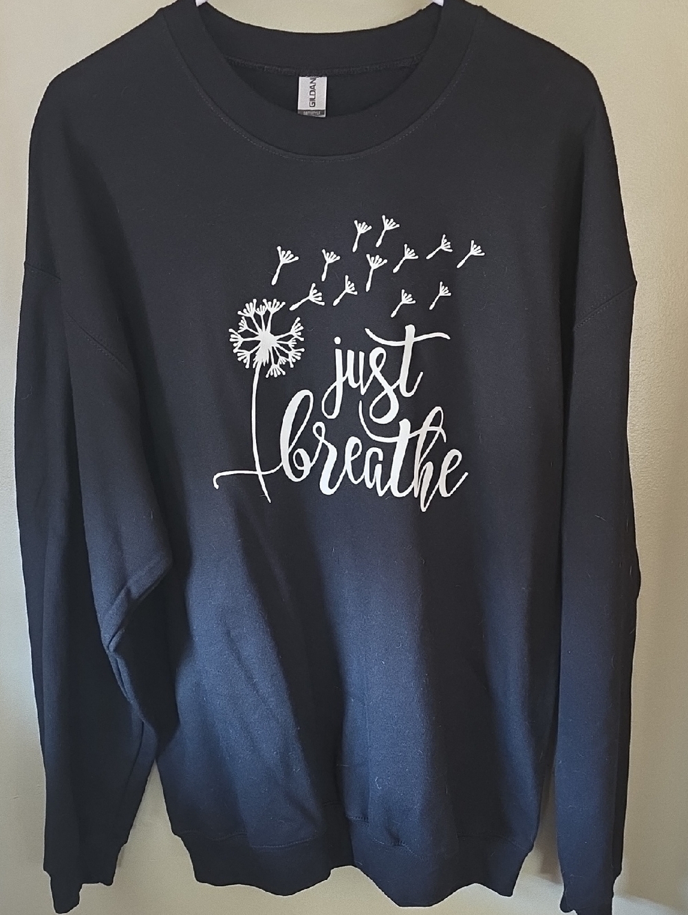 Gildan Black Sweatshirt with White "Just Breathe" Dandelion Design